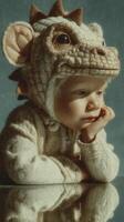 Child in a dragon costume gazes thoughtfully while resting chin on hand against a neutral background photo