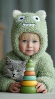 Toddler in cozy green monster outfit plays with colorful stacking rings and a gray cat indoors during a soft afternoon light photo