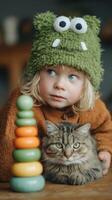 Child in a green monster hat sitting with a cat while playing with colorful stacking rings indoors photo