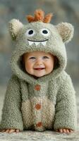 Happy baby wearing fluffy monster costume smiles warmly in cozy indoor setting during bright daylight photo