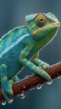 Colorful chameleon resting on a branch, covered in water droplets in a natural habitat setting photo