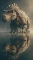 Mighty dinosaur-like creature stands tall on reflective surface in misty environment during twilight hours photo