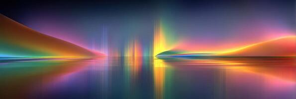 Colorful reflection of lights on tranquil water during twilight, creating a serene and vibrant atmosphere in a surreal landscape photo