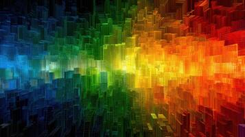 Colorful digital graphic showcasing an abstract wave of sound spectrum with vibrant hues and geometric patterns photo