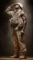 Soldier saluting in full military gear during a ceremonial event while surrounded by dramatic lighting photo