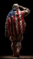 Soldier saluting while draped in American flag illustrating pride and honor in a powerful display photo