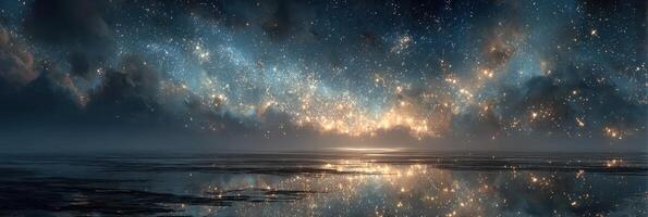 Starlit sky reflecting on calm water at twilight with shimmering celestial bodies photo