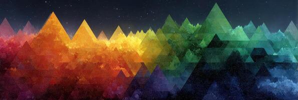 Colorful geometric mountain landscape with a starry night sky in the background creating a vibrant atmosphere photo