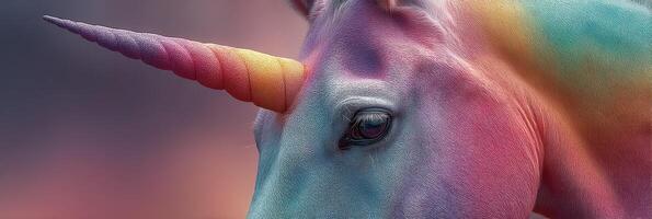 Colorful unicorn with a rainbow mane standing against a vibrant background at sunset in a magical forest photo