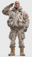 Soldier in camouflage uniform saluting under bright lighting at an unspecified location during the daytime photo