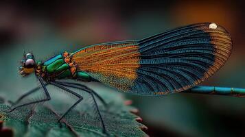 Colorful dragonfly resting on a leaf in a lush environment during late afternoon sunlight photo