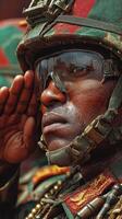Saluting soldier stands guard during military parade with pride and honor in vibrant uniform photo