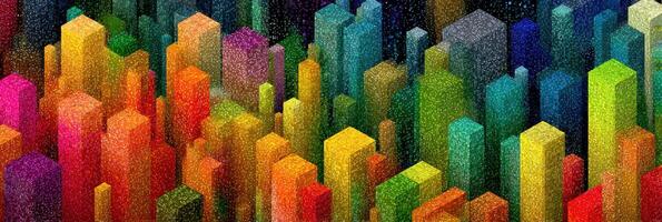 Vibrant abstract cityscape showcasing colorful geometric forms and a dynamic blend of hues at dusk photo