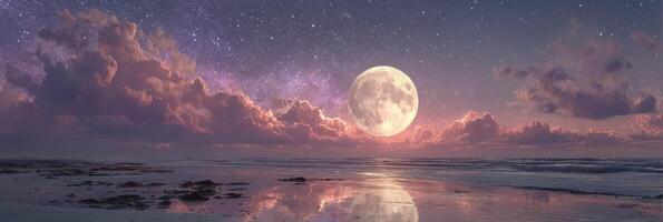 Full moon illuminates the calm ocean under a starry night sky with vibrant clouds at twilight photo