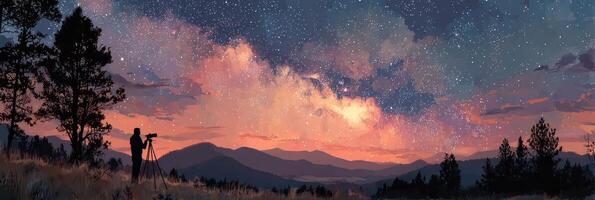 Capturing the night sky at a mountain range during dusk with vibrant stars and clouds photo
