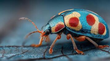 Colorful beetle crawling on a leaf in natural habitat during daylight photo