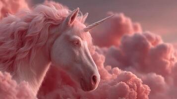 Captivating unicorn surrounded by soft pink clouds at sunset in a fantasy landscape photo