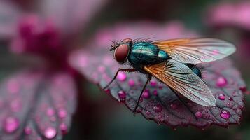Colorful fly resting on a purple leaf with water droplets in a vibrant natural setting photo