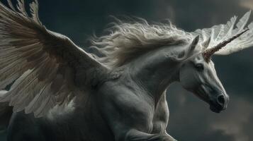 Majestic winged unicorn soaring through a mystical landscape under a dramatic sky photo