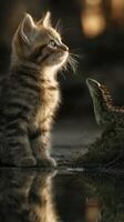 Stray cat and lizard encounter at sunset near a tranquil waterbody photo
