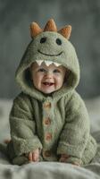 Smiling baby wearing a cozy dinosaur-themed outfit with buttons in a rustic indoor setting during autumn photo