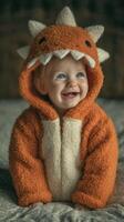 Happy toddler in orange dinosaur costume smiles joyfully at home during cozy indoor playtime photo