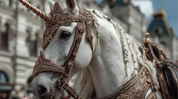 Elegant white unicorn adorned in ornate golden harness parades through city streets under a clear sky photo