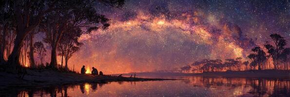Night under the stars beside a serene river with two people enjoying the warm glow of a fire photo