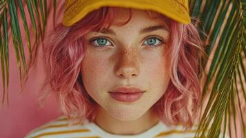 Young woman with pink hair and cap posing among tropical leaves in vibrant setting photo