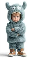 Cute toddler in fluffy monster costume posing with crossed arms against white background photo