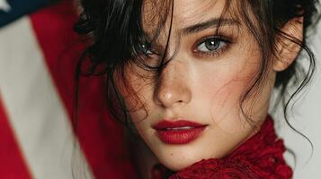 Portrait of a woman with striking eyes and red lips against a background with patriotic colors and textures photo