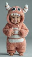 Cute baby in fluffy monster costume smiles joyfully indoors during a fun photo shoot
