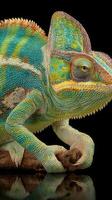 Colorful chameleon perched on branch in natural habitat showcasing vibrant scales and unique patterns photo