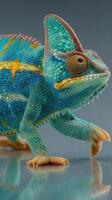 Colorful chameleon walking on a smooth surface in a bright studio setting during the day photo