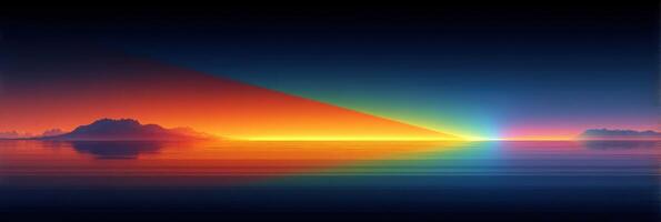 Vibrant sunset over calm water reflecting multi-colored light and distant mountains at dusk photo