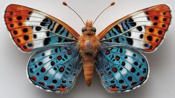 Colorful butterfly displaying intricate patterns on its wings, showcasing vibrant blue and orange hues in a detailed close-up view photo