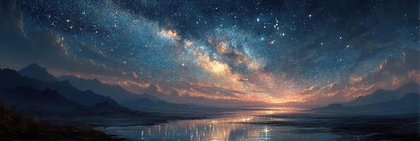 Night sky shimmering with stars and reflections over calm water at dusk in a mountainous landscape photo
