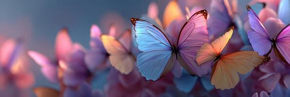 Colorful butterflies rest on vibrant flowers in a tranquil garden during springtime photo
