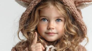 Young girl with curly hair in cozy animal-inspired outfit points to the viewer with a playful expression indoors photo