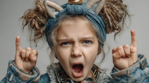 Young girl expresses intense emotions while dressed in playful attire with animal features in a studio setting photo