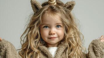 Young girl with curly hair wearing cozy bear outfit posing for camera indoors photo