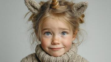 Child dressed as a unicorn with a cozy sweater showing a joyful expression in a neutral background photo