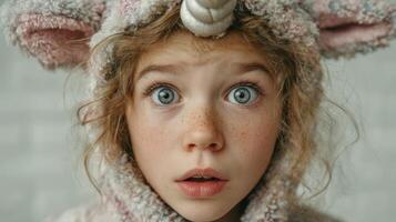 Child shows surprise while wearing a unicorn costume indoors in the afternoon light photo