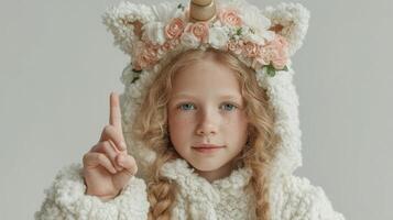 Child dressed as a unicorn with a floral crown, posing with one finger raised in a bright, cozy indoor setting photo