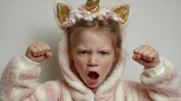 Child in unicorn onesie shows strong emotions during playful moment in cozy indoor setting photo
