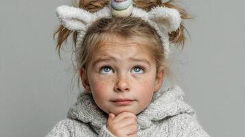 Young girl with unicorn headband thinking thoughtfully in cozy sweater against neutral background photo