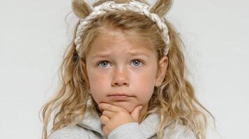 Young girl contemplating while wearing a headband with animal ears in a studio setting during the daytime photo