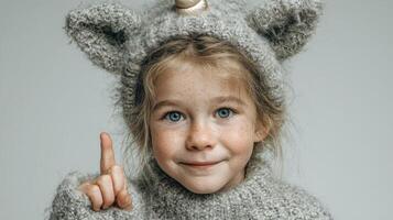 Child wearing a cozy gray unicorn sweater and hat smiling while pointing in a bright indoor setting photo