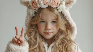 Young girl wearing a fluffy hood and floral crown giving a peace sign in a bright indoor setting photo