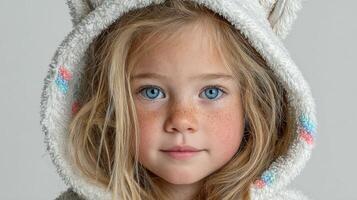 Young girl with blue eyes wearing a fluffy hoodie featuring animal ears in a neutral setting during natural daylight photo